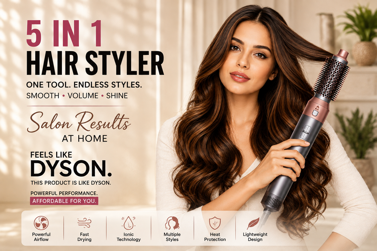 AeroVolt Curl Pro 5-in-1 Hot Air Styling Wand — Detachable Ceramic Brush Head, Volumizing Comb Attachment, Multiple Heat Settings, Salon-Style Blowout & Curling Tool for All Hair Types