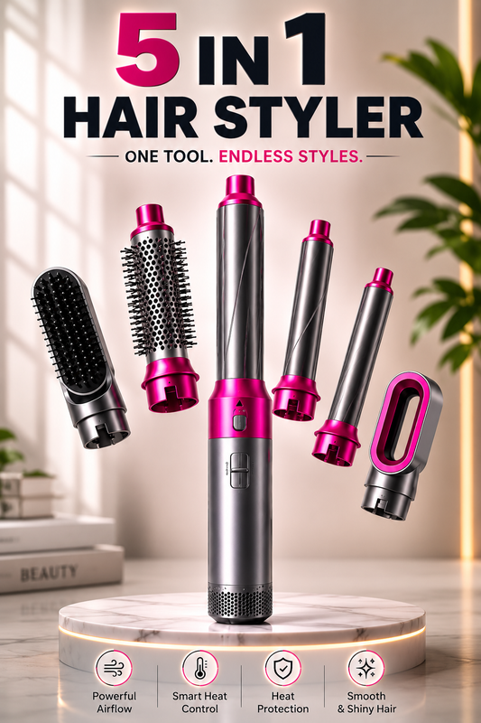 AeroVolt Curl Pro 5-in-1 Hot Air Styling Wand — Detachable Ceramic Brush Head, Volumizing Comb Attachment, Multiple Heat Settings, Salon-Style Blowout & Curling Tool for All Hair Types