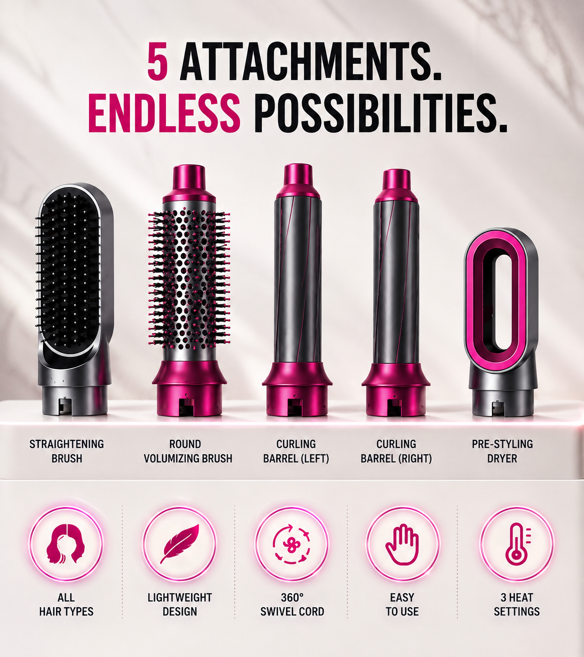 AeroVolt Curl Pro 5-in-1 Hot Air Styling Wand — Detachable Ceramic Brush Head, Volumizing Comb Attachment, Multiple Heat Settings, Salon-Style Blowout & Curling Tool for All Hair Types