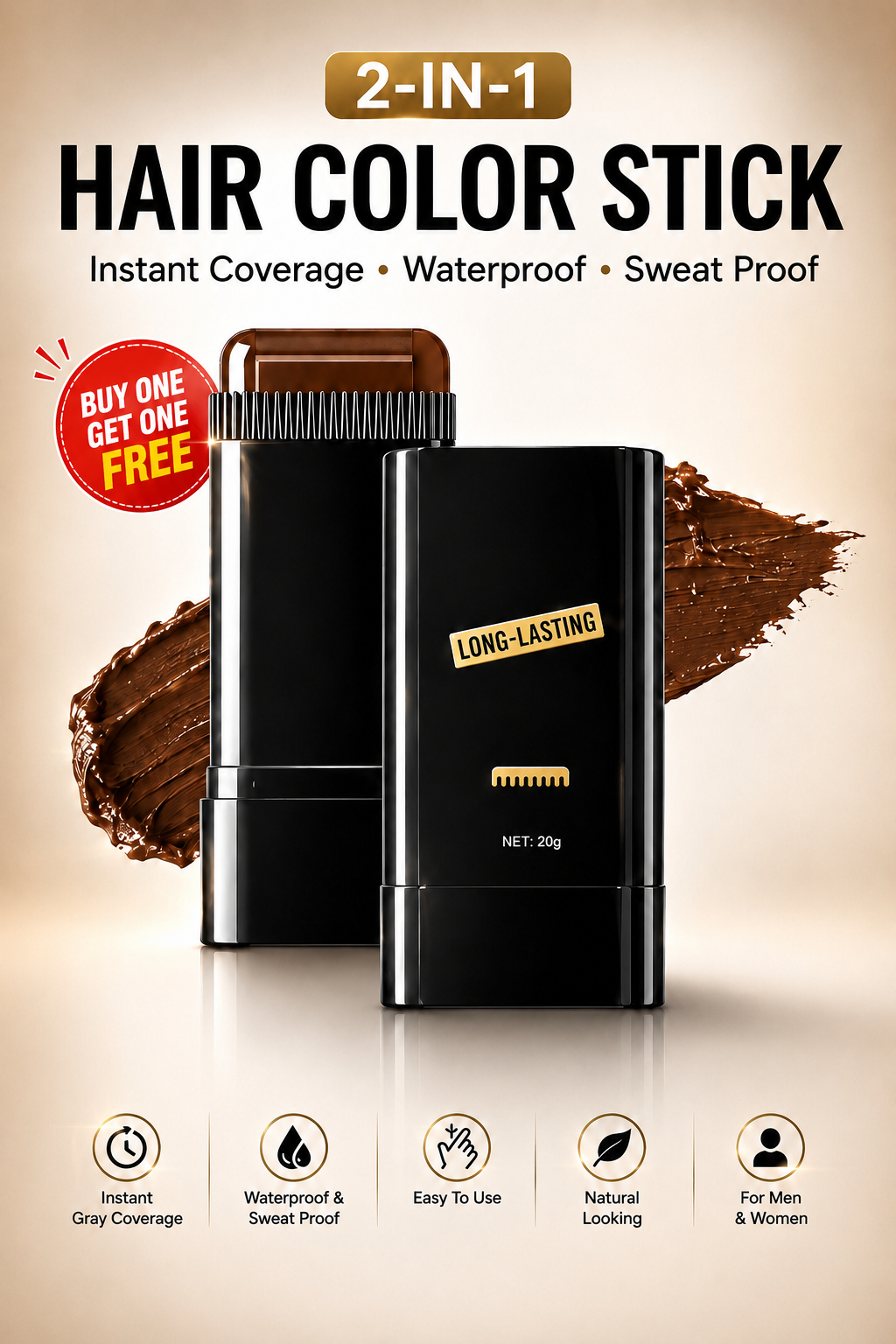 Instant Hair Touch-Up Stick(Buy 1 get 1 Free), Waterproof and Sweat Proof Hair Dye Stick- Pack of 2